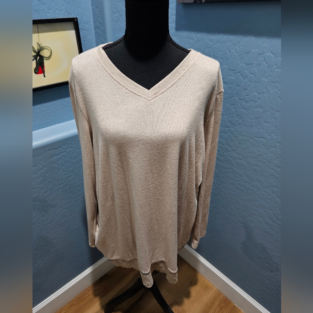 Beige Long Sleeve Top with Lace Hem